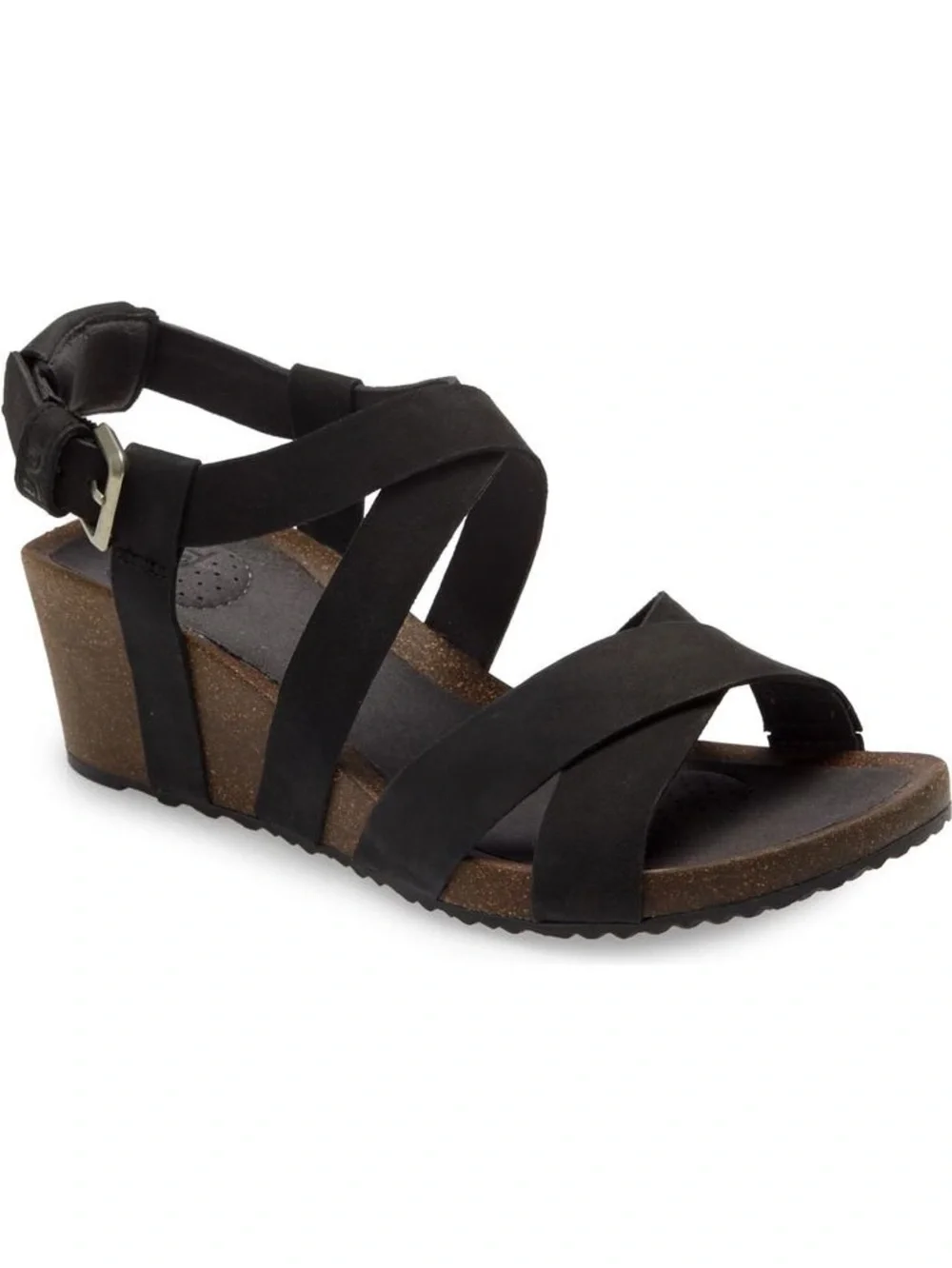Teva Mahonia Black Leather Wedge Cross Strap Sandals